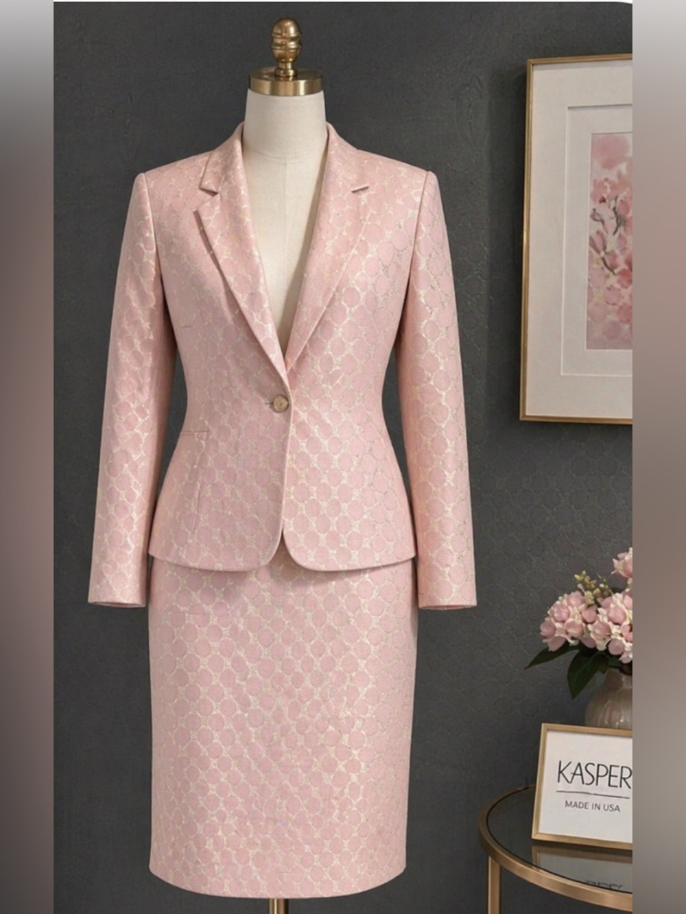 Kasper Pink Metallic Jacquard Blazer & Skirt Set